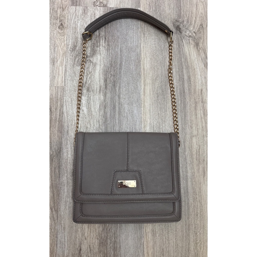 BCBG Paris Taupe Gray Faux‎ Leather Crossbody Bag Gold Chain Strap Messenger Bag